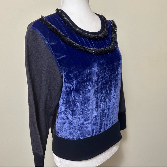 J Crew Black Label Blue Crush Velvet Beads Silver Tinsel Fringe Pullover Top S/M - Picture 5 of 15